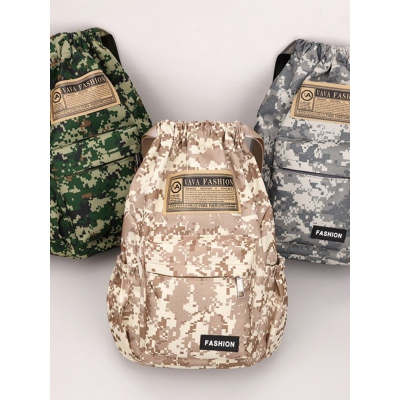 Camouflage Drawstring Pocket Drawstring กระเป๋าเป้สะพายหลังกระเป๋านักเรียนนักเรียนน้ําหนักเบากีฬากระ