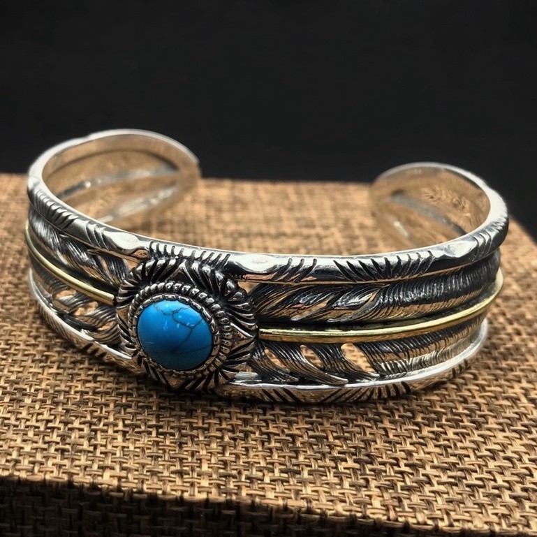 GORO'S s925 Sterling Silver Seiko Turquoise Feather Open Bracelet