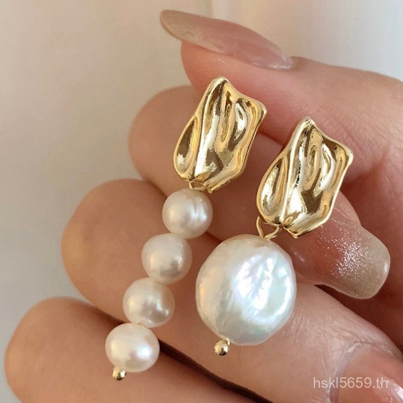 ต่างหู Pearl Baroque สไตล์เรโทร ไม่สมมาตรธรรมชาติ สำหรับฤดูร้อน MK73