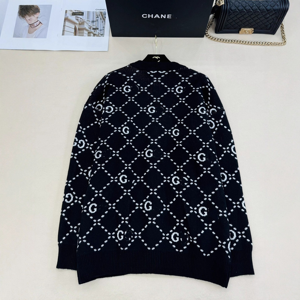 7J6I GU##I 25Autumn and Winter New V Long Sleeve Jacquard Cardigan Black gold rhombus pattern+Metal 