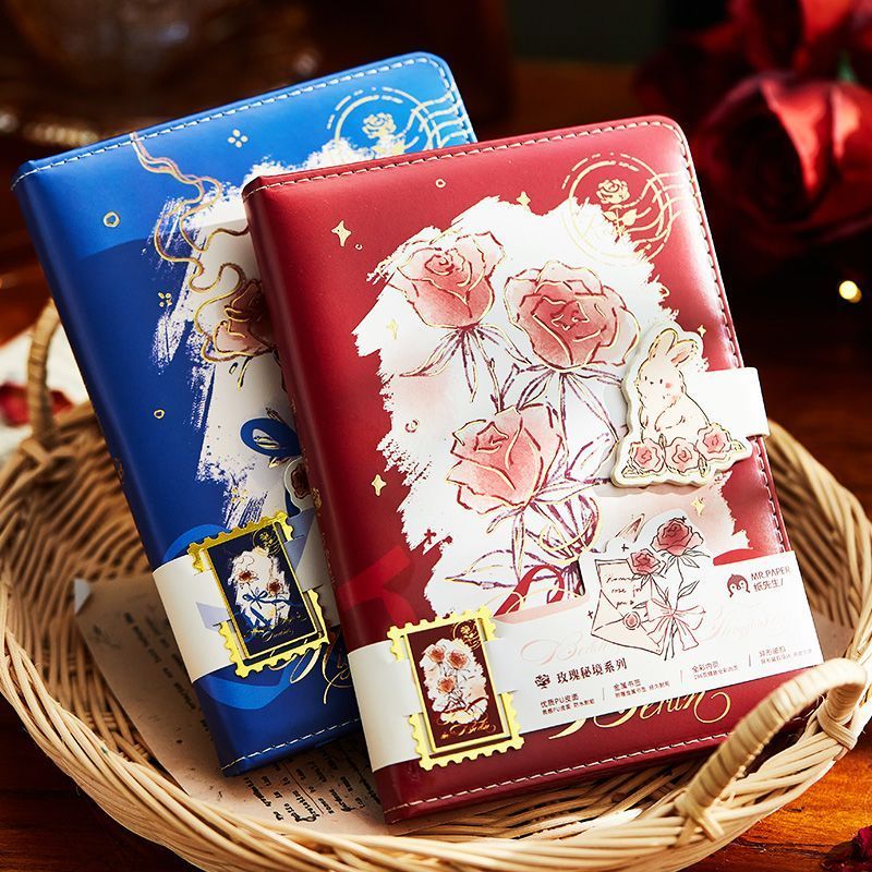 玫瑰秘境PU磁扣本复古彩页手帐本子高颜值笔记本手账本少女心12.24Rose Secret PU Magnetic Buckle Book Retro Color Page Ledger Book H