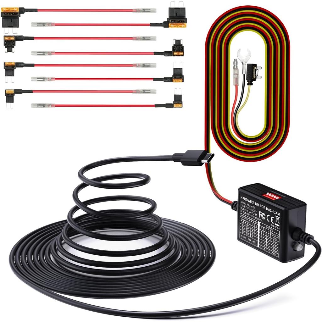 Vantrue 3-Lead 14.8ft USB C Hardwire Kit สําหรับ Dash Cam, 5 ตัวเลือกป้องกันแรงดันต่ําพร้อมเกียร์ Sh