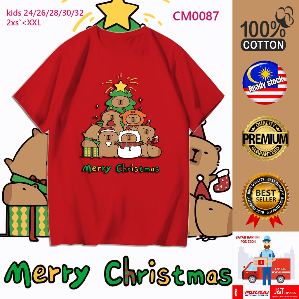 2026 เกาหลีใต้ Kapipara เสื้อผ้าเสื้อยืดคริสต์มาส XMAS TREE Capybara น่ารักผ้าฝ้ายเสื้อยืดเด็กและผู้