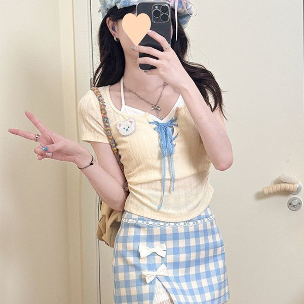 cicishop1 กางเกงขาสั้นสบาย Korean shorts กระโปรงลูกไม้สไตล์หวานสำหรับผู้หญิงและฤดูร้อน พร้อมโบว์