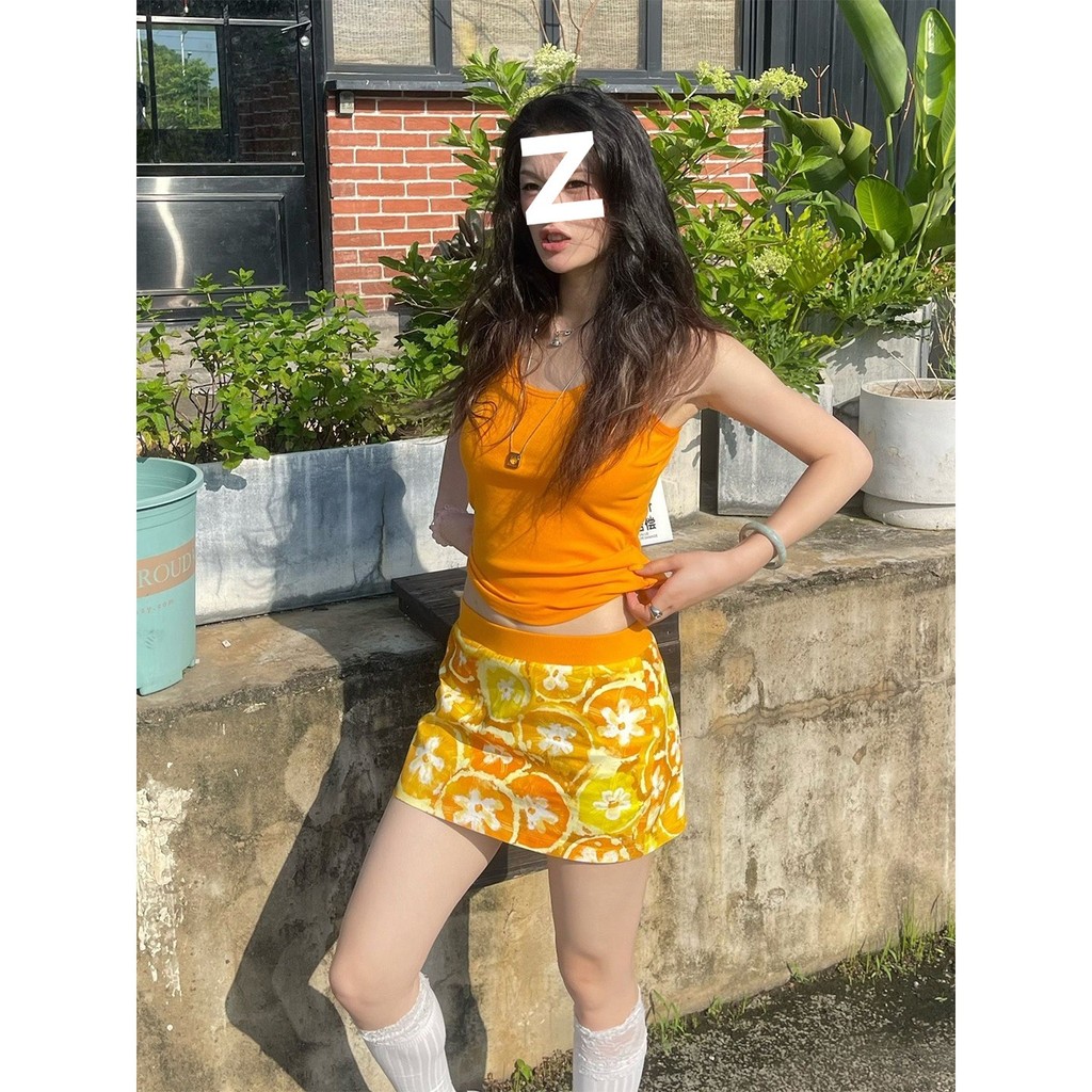 cicishop1 กางเกงขาสั้นสบาย Korean shorts กระโปรงสั้นสีส้มสดใส สำหรับใส่ริมทะเลในฤดูร้อน ออกแบบมาเพื่