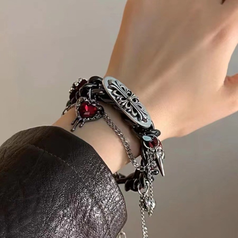 สร้อยข้อมือสไตล์โกธิคพังก์ หนังแท้พร้อมโซ่ สำหรับผู้หญิงและผู้ชาย