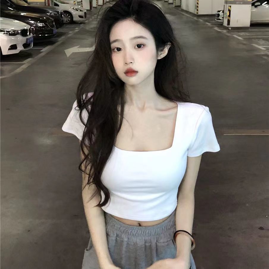 ผ้าฝ้ายแท้สไตล์หวานเสื้อยืดผู้หญิงฤดูร้อนแขนสั้นคอสี่เหลี่ยมเอวสูงSlimmerดูPure Desireสไตล์การออกแบบ