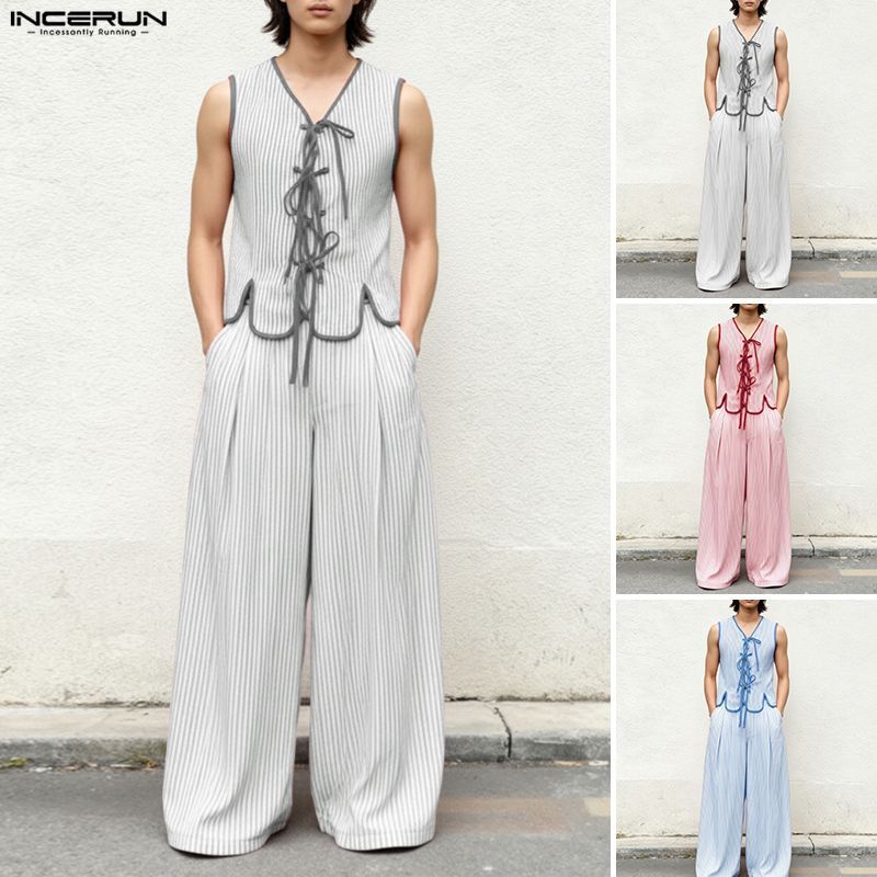 INCERUN Men Vintage Retro Casual V คอ Tie-Up Design แขนกุดบล็อกสีขากว้างชุดสูทสองชิ้น - รูปที่ 2