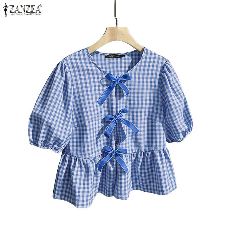 ZANZEA เสื้อผ้าสไตล์เกาหลีสำหรับผู้หญิง ออกแบบมาในสไตล์สบาย ๆ พร้อมคอพัฟแขนลายสก๊อตแบบหลวม
