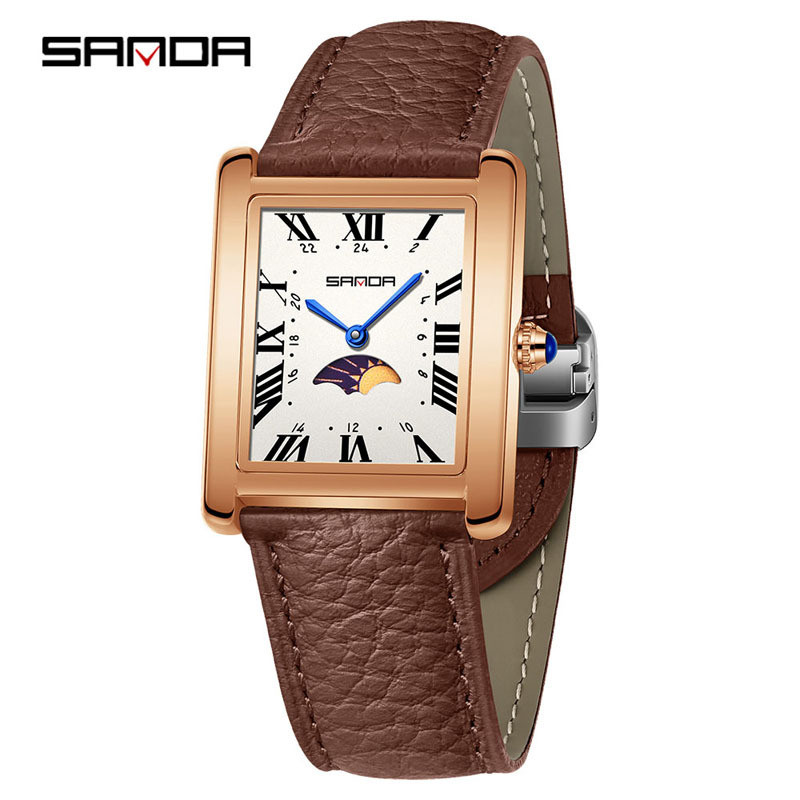 SANDA SD9122 Retro Square Moonphase Quartz Fashion Style Womens Watch Headband กันรอยขีดข่วนและกันน้
