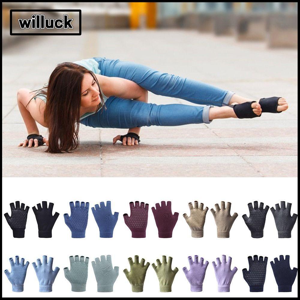 ถุงมือพิลาทิส วิลลัค พร้อมถุงมือโยคะสีทึบซิลิโคนถุงมือแบบเปิดนิ้วครึ่งคุณภาพผู้หญิง