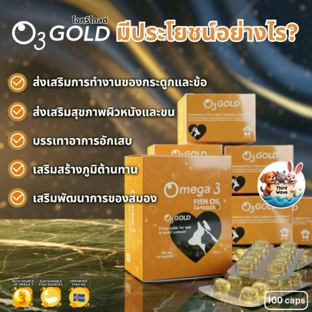O3 Gold น้ำมันปลา อาหารเสริมสัตว์เลี้ยง อาหารเสริมสุนัขและแมว บำรุงขน ลดขนร่วง แบ่งขายแผง/ยกกล่อง