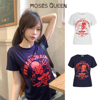 MOSESQUEEN เสื้อผ้าสีสันสดใส แบบเด็กน้อย ที่มีลวดลายพิมพ์บนตัว ชุดเสื้อแขนสั้น สำหรับสาววัยรุ่นในฤดูร้อน #63586