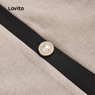 Lovito เสื้อเบลาส์ผู้หญิงสไตล์เรียบหรู คอนทราสต์บีนดิ้ง กระเป๋าปลอม เหมาะสําหรับฤดูใบไม้ผลิ/ฤดูร้อน L183ED1024