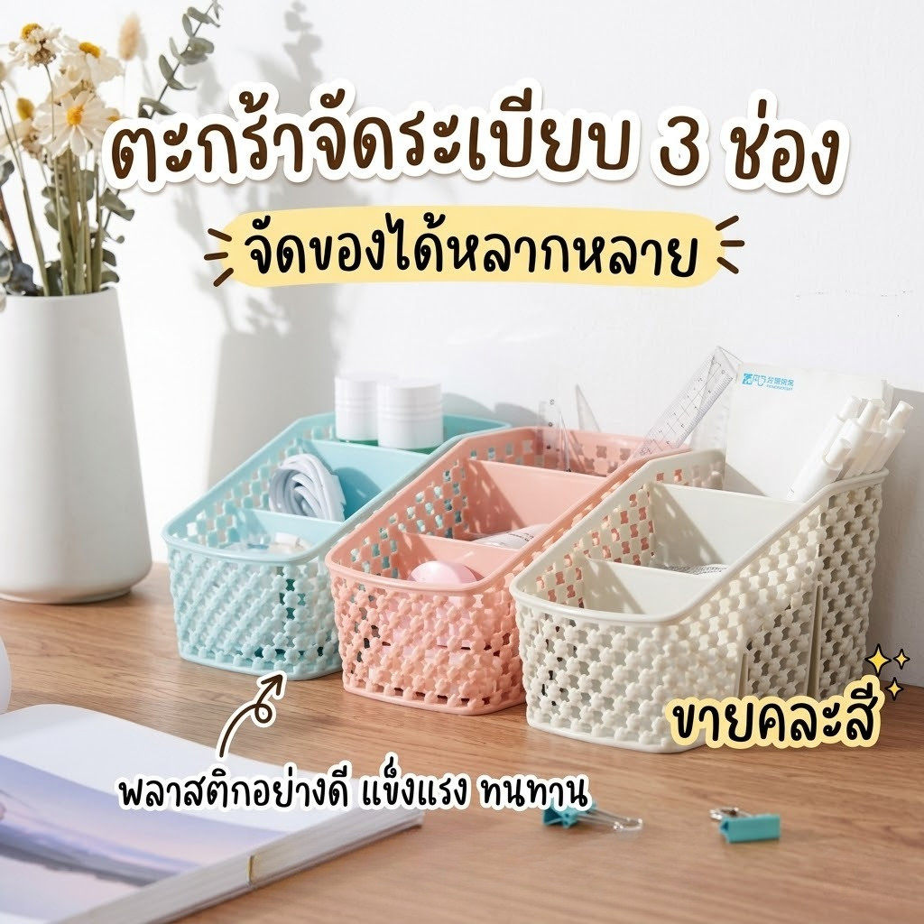 ตะกร้าพลาสติก 3 ช่อง คละสี คละลาย ตะกร้าพลาสติกใส่ของอเนกประสงค์