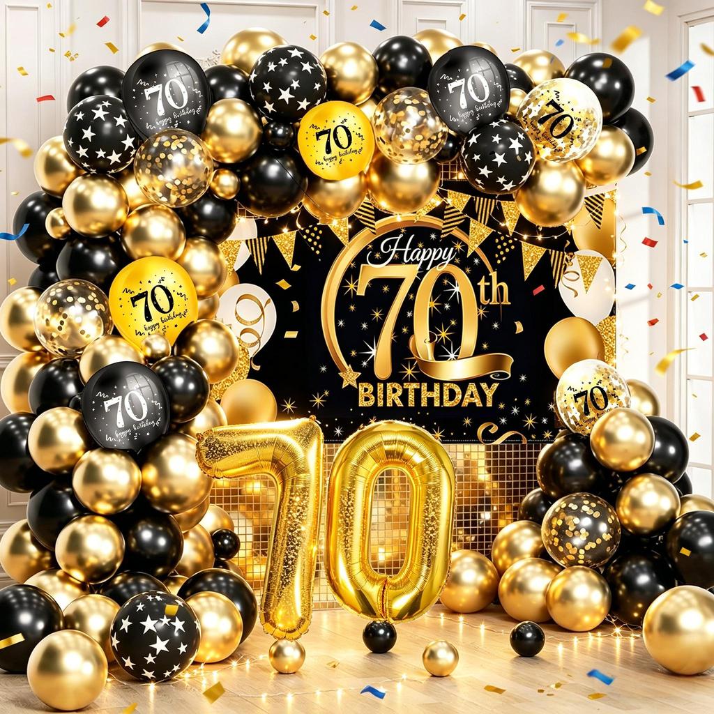 70th Happy Birthday ตกแต่งบอลลูนสีดําทอง Garland Arch ชุด 32 นิ้ว Golden Number ฟอยล์บอลลูนสําหรับ 5
