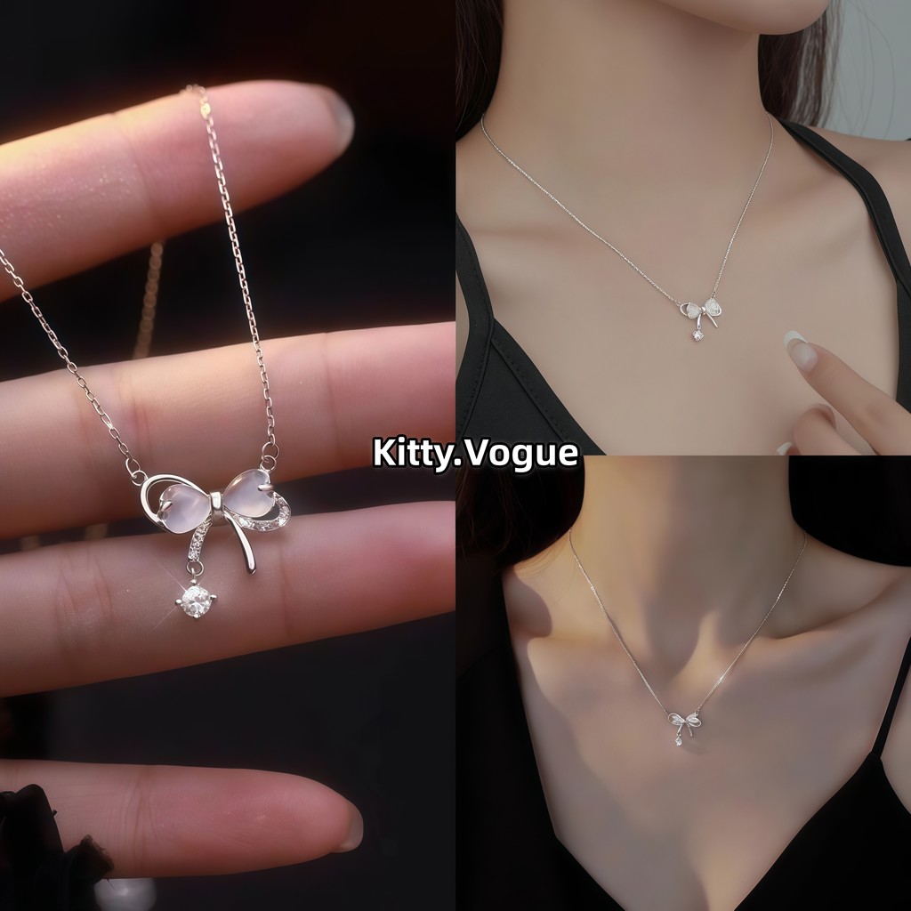 Kitty.Vogue สร้อยคอโบว์ผู้หญิงที่สง่างาม สไตล์ลำลอง เรียบง่าย สีเงิน เงางาม BRL -24-0