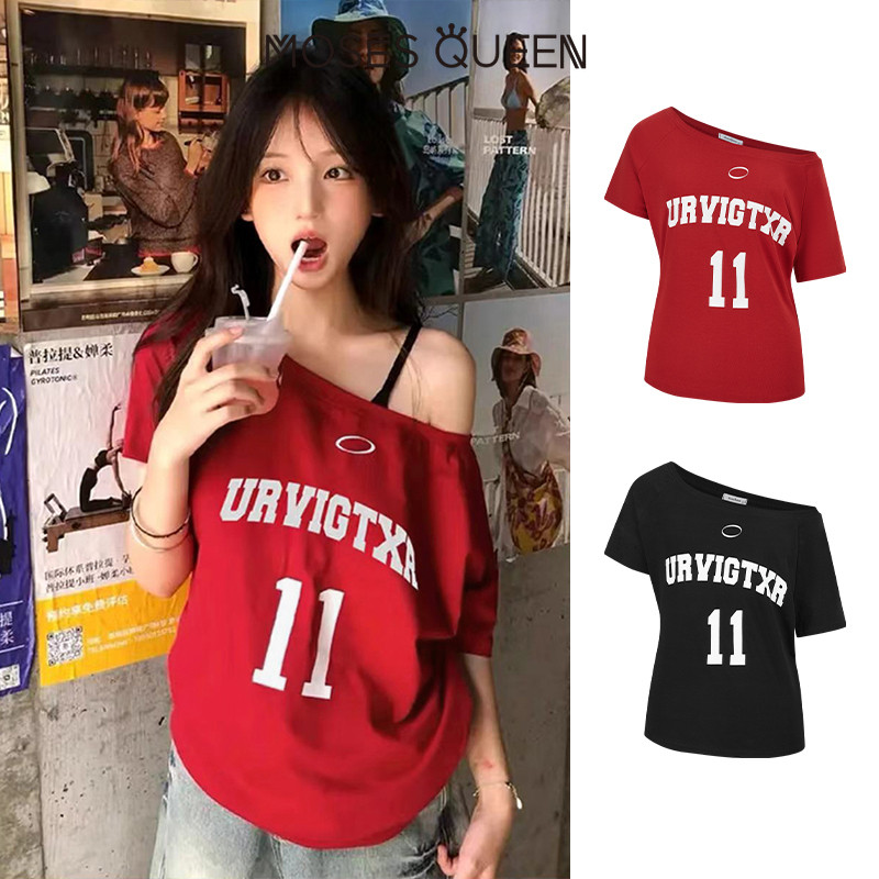 < MOSESQUEEN > เสื้อแขนสั้นผ้าฝ้าย แบบผ่อนคลาย หนึ่งข้าง ระบายอากาศดี เหมาะสำหรับการออกเดทประจำวัน #63655
