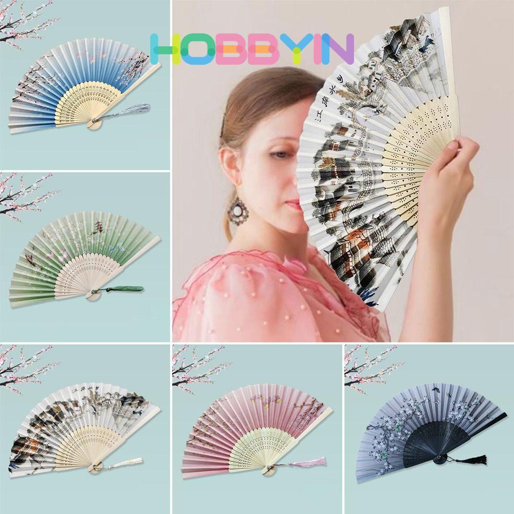 hobbyin HOBBYIN พับวินเทจ, พัดลมมือไม้ไผ่ผ้าไหม, พู่สีสันสดใสกลางแจ้งพัดลมมือ Elegent Shank พัดลมเต้นรําคลาสสิกตกแต่งบ้าน
