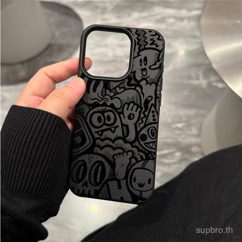 กราฟฟิตีการ์ตูนประณีตแฟชั่นป้องกันกรณีเหมาะสําหรับ iPhone 17promax 16plus 14pro 15 13 เลียนแบบหนังเนื้อ 17pro 16 15pro 14 13promax 12pro 11 กันกระแทกเคสโทรศัพท์