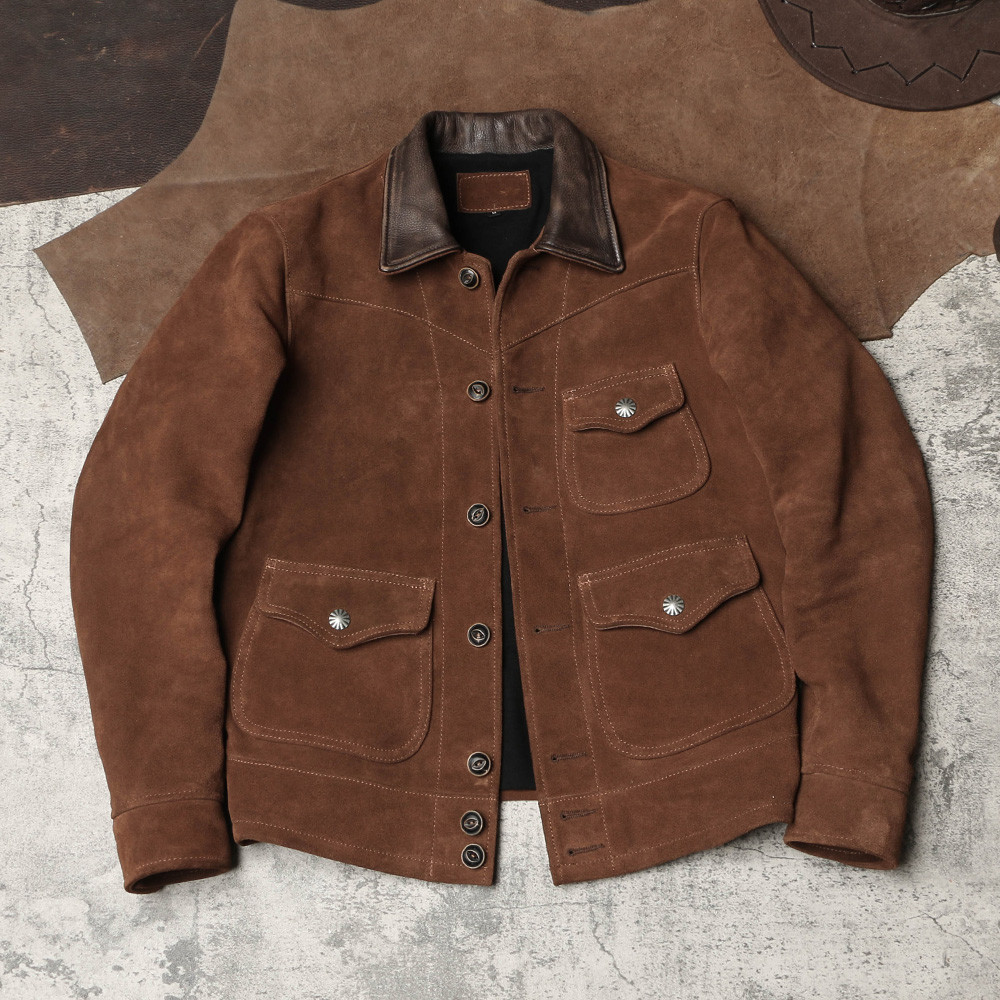 American Retro Suede Jacket Mens Lapel Short Leather Jacket Ami Khaki Suede Cowhide Jacket