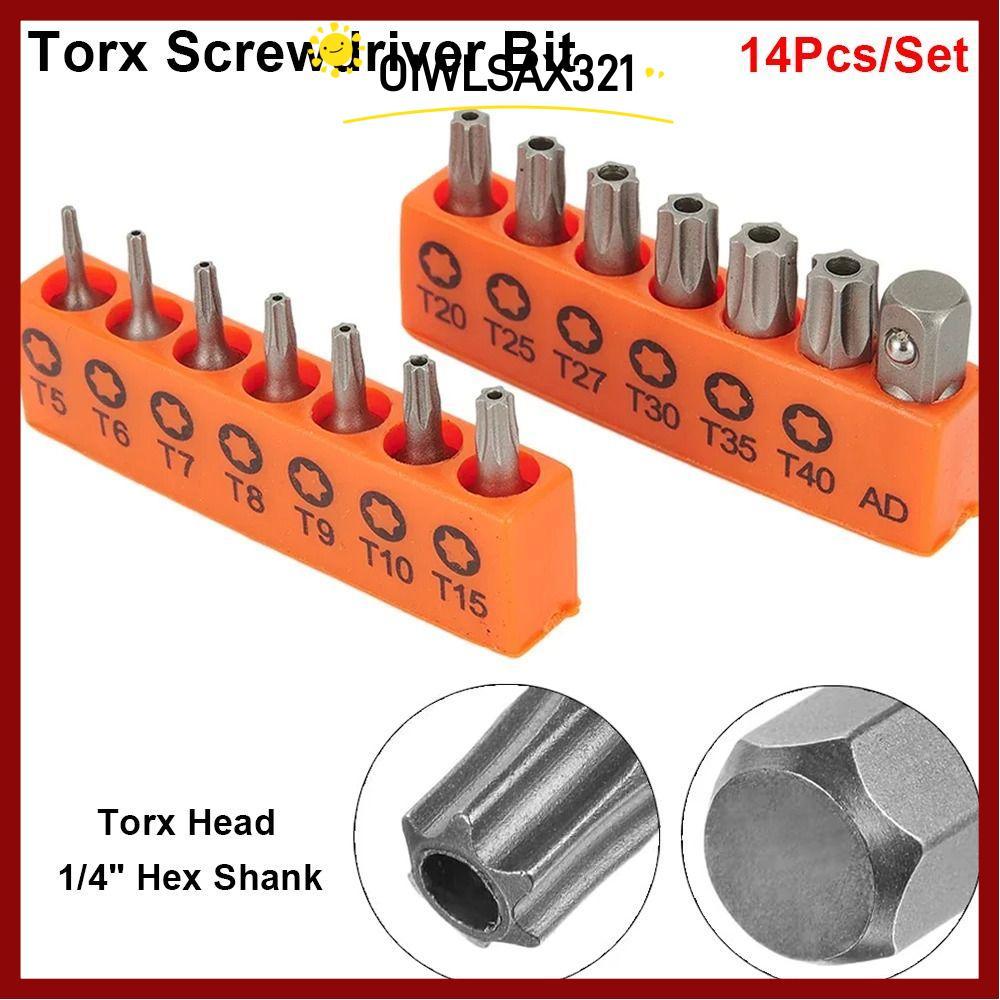 OIWLSAX321 14 ชิ้น/เซ็ต Torx ไขควง Bit, T5-T40 1/4 นิ้ว Hex ไฟฟ้าไดร์เวอร์ Bit, Star พร้อมรู 25 มม.ช