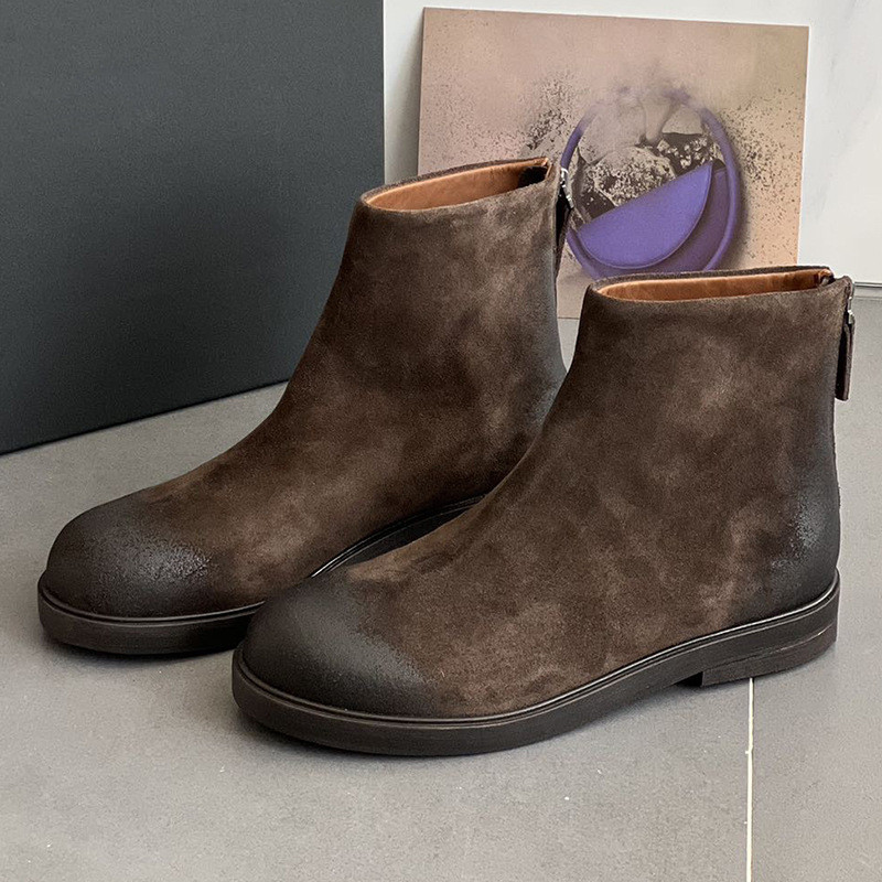 ECX4 Marsell 2025New vintage distressed suede flat Chelsea boots, short genuine leather Martin boots