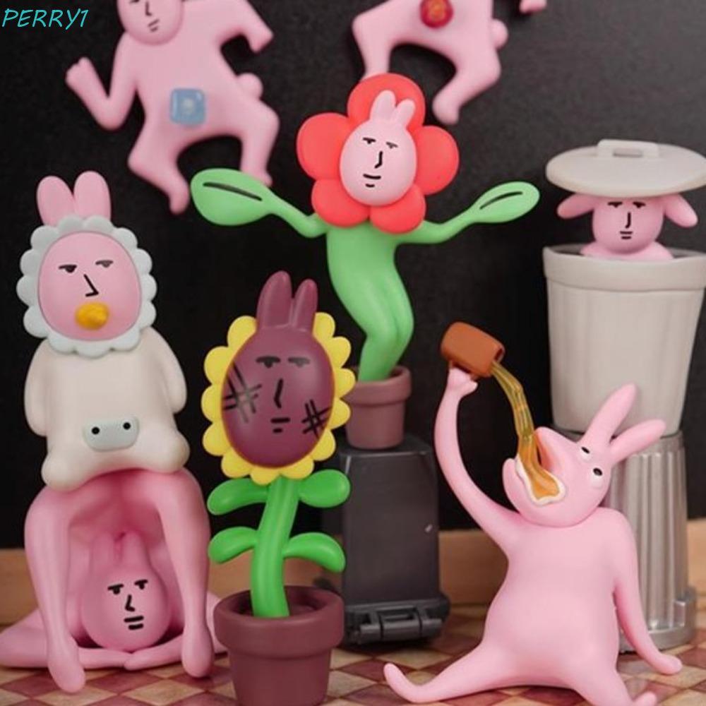 PERRY ตุ๊กตากระต่ายสีชมพูโมเดล รูปปั้นตลก My Friend Rabbit Action Figure, Desktop Decor Cute Cartoon