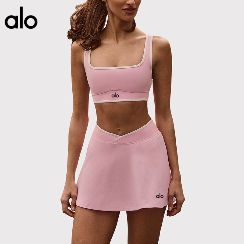 Alo กันกระแทกพร้อมแผ่นรองหน้าอกฟิตเนสกระโปรงเทนนิส Halter กีฬาชุดชั้นในกระโปรงสั้นชุดโยคะผู้หญิง