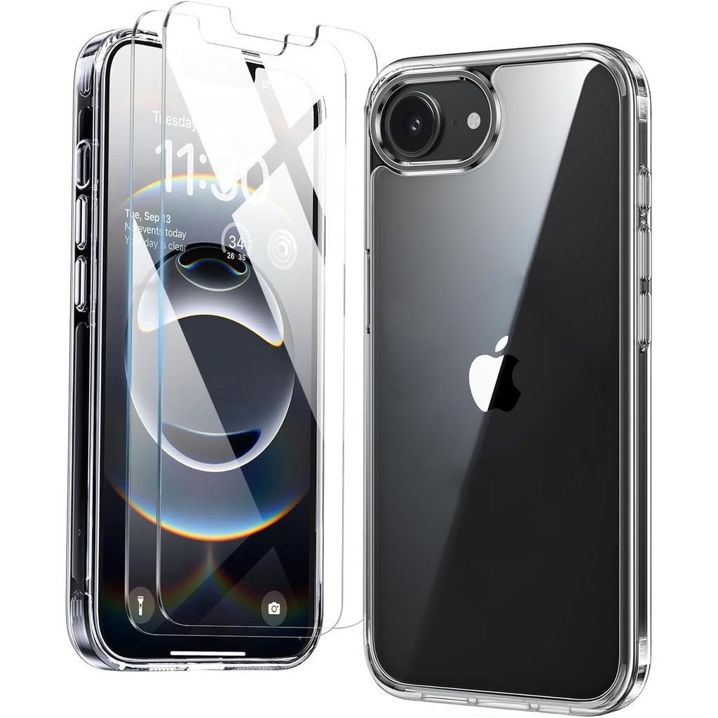 สําหรับ iPhone 16E กรณี,ใส iPhone 16 E เคสโทรศัพท์ 2X กระจกนิรภัยป้องกันหน้าจอ, กันกระแทก Slim ซิลิโ