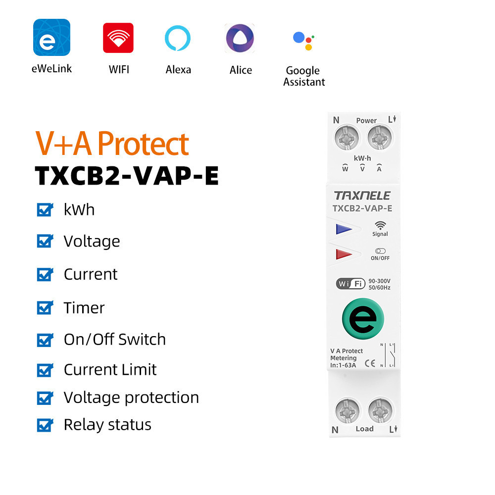 Taxnele Ewelink 1P+N 63A 110V 220V WIFI สมาร์ทสวิตช์ Energy Meter Circuit Breaker รีเลย์แรงดันไฟฟ้า Current Protection - รูปที่ 2