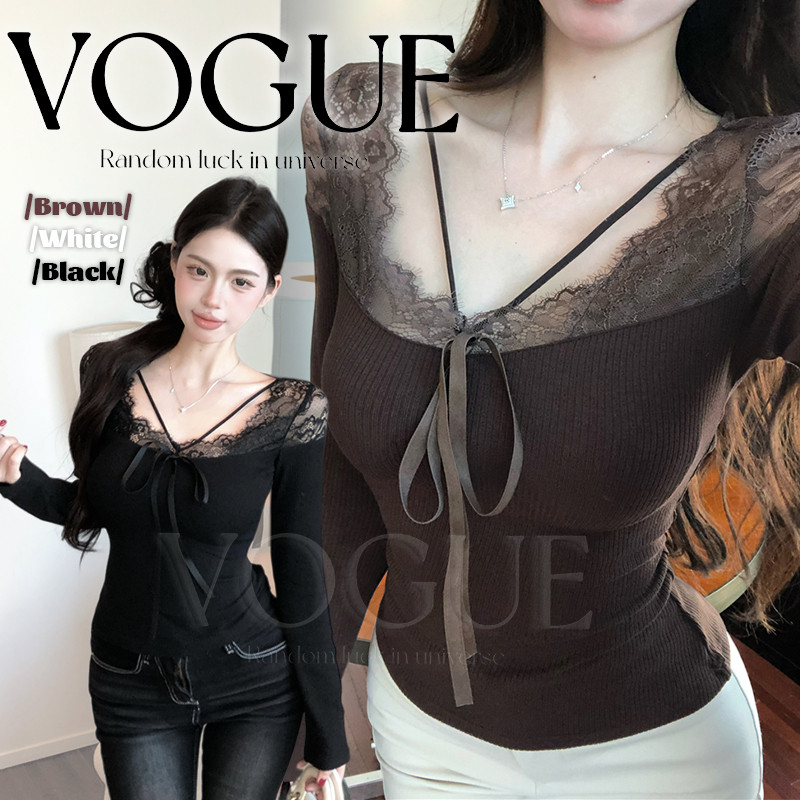 Vogue🌟พร้อมส่ง🌟 เสื้อแขนยาว แต่งลูกไม้ ผ้าร่องเล็กยือพอดีตัว สีพื้นขาวดำน้ำตาล (FY8727)