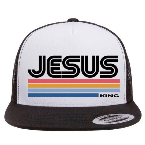 Retro Jesus King Christian Christ Flat Bill Snapback หมวก Trucker ปรับได้ QQJI