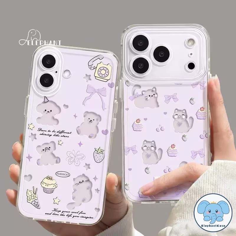สำหรับIPhone 11 17 15 16 13 Air 12 14 Pro Max X XR XS 7 16 15 8 Plus SE โบว์เชอร์รี่ รักหัวใจ ดาว เค้ก ลูกแมว ลูกหมา เคส