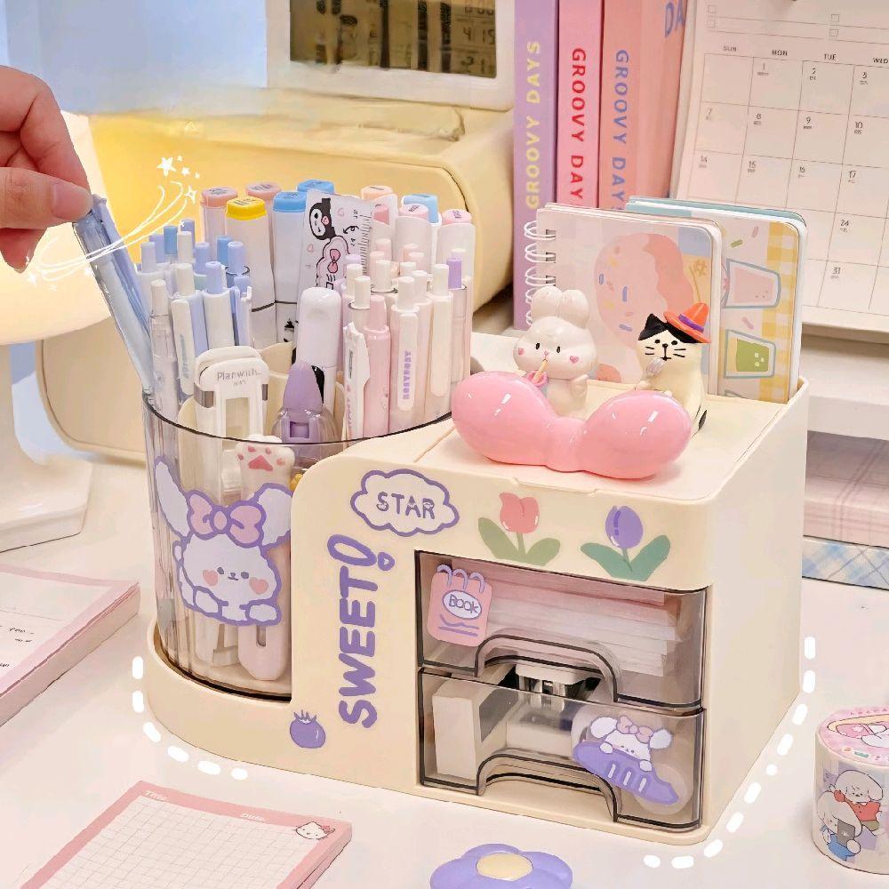 แถมสติ๊กเกอร์ แบบหมุนได้ กล่องเก็บเครื่องเขียน เครื่องสำอาง 3in1 มีลิ้นชักและกระจกในตัวมินิมอล จัดระเบียบโต๊ะทำงาน - รูปที่ 6