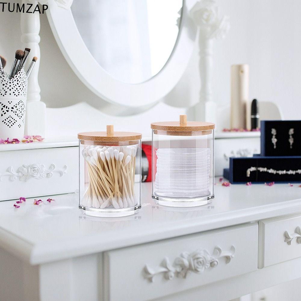 TUMZAP Qtips Holder Candy เครื่องประดับเครื่องสําอางพร้อมฝาปิดไม้ไผ่สําหรับอุปกรณ์ห้องน้ําจัดเก็บโถห