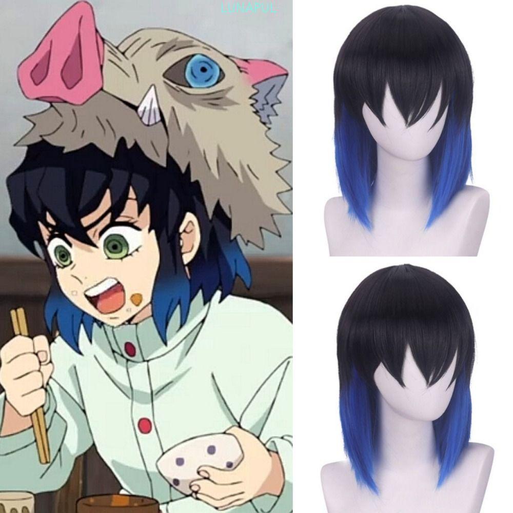 วิกผมคอสเพลย์ LUNAPUL แบบ.Hashibira Inosuke สังเคราะห์, ทนความร้อน, สีฟ้า ombre - อุปกรณ์เสริมสำหรับ