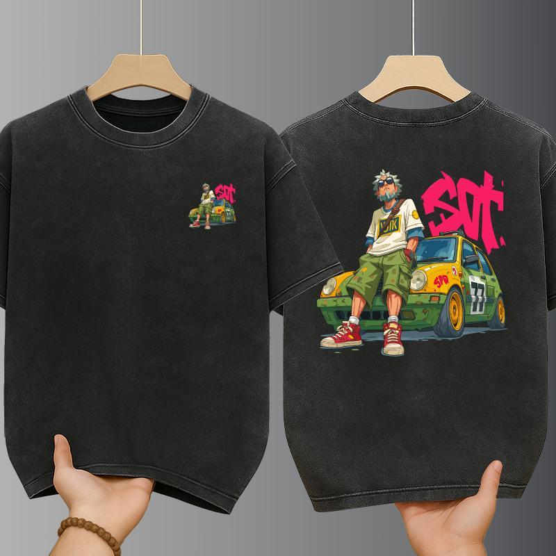เสื้อยืดฟอก สกรีนลายการ์ตูนย์เท่ๆ oversize คอกลม-แขนสั้น เสื้อสีฟอกผู้ชาย สไตล์สตรีทแฟชั่น เมกาสุดฮิต ผ้าฝ้าย100%