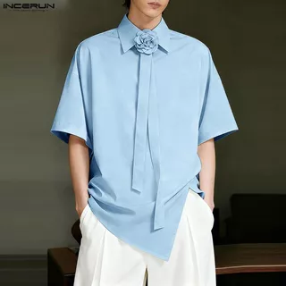 INCERUN ผู้ชายเกาหลี Elegant Casual Turn-Down-Collar 3D ดอกไม้ Tie Design แขนสั้น Slit Hem เสื้อ