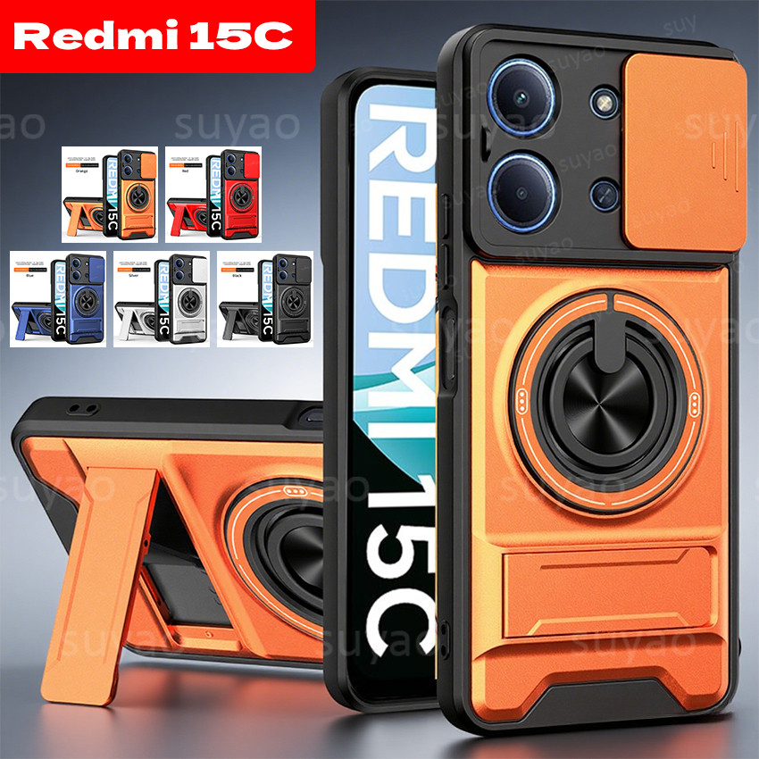 สําหรับ Redmi 15C 4G 5G 2025 เคสโทรศัพท์เลนส์กล้องหน้าต่างบานเลื่อนผู้ถือปลอก Redmi15C 14C 13C Poco C85 C75 C65 PocoC85 แหวนแม่เหล็กวงเล็บคู่กันกระแทกปกหลัง