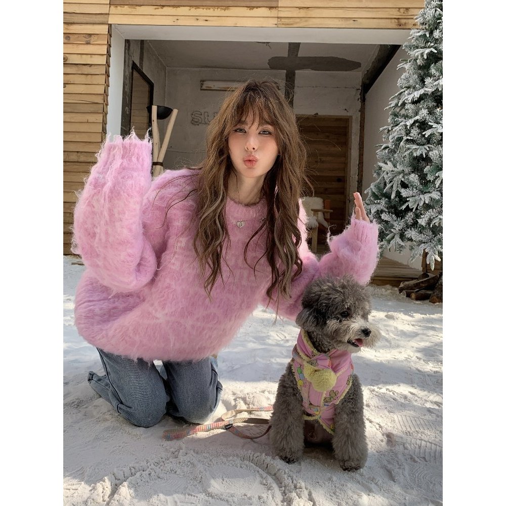 สไตล์ Zhang Yuxi CLOUDSEASON เสื้อกันหนาวสีชมพูกว้างขวาง เสื้อมะฮัยร์ขนสัตว์หนา