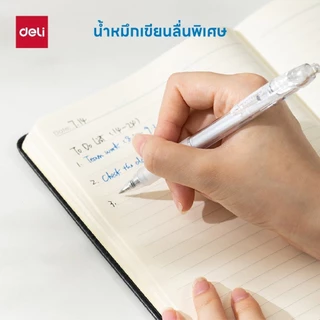 (โปรพิเศษ!! 12ด้าม )ปากกาเจลแบบกด หมึกสีน้ำเงิน Deli รุ่น G057 มีคลิปหนีบและปลอกยาง ด้ามใส
