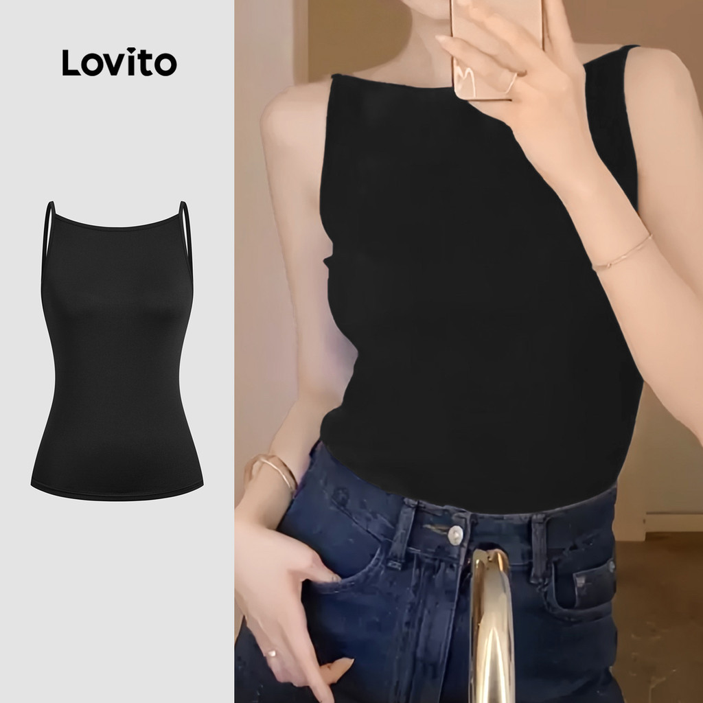 Lovito เสื้อกล้ามลําลอง เสื้อกล้ามสีดําฤดูร้อน/ฤดูใบไม้ผลิพื้นฐานสําหรับผู้หญิง L134LD140