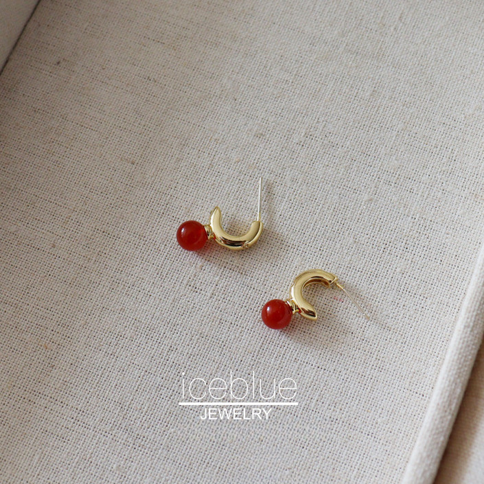 【iceblue】สร้อยหินตาเสืออเกตแดงประดับเพชรสังข์ ต่างหูติดเดือยแท่ง ฉาบทอง 18K สีเหลือง ทำจากทองเหลือง แบบหรูสำหรับผู้หญิง E149 - รูปที่ 3