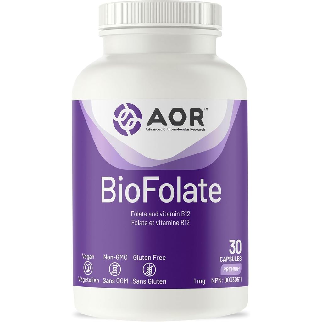 AOR BioFlate 1mg Methylfolate 5-MTHF Plus B12 plement, 30 Caps 30-Day ply - Vegan, Non-GMO & Gluten-