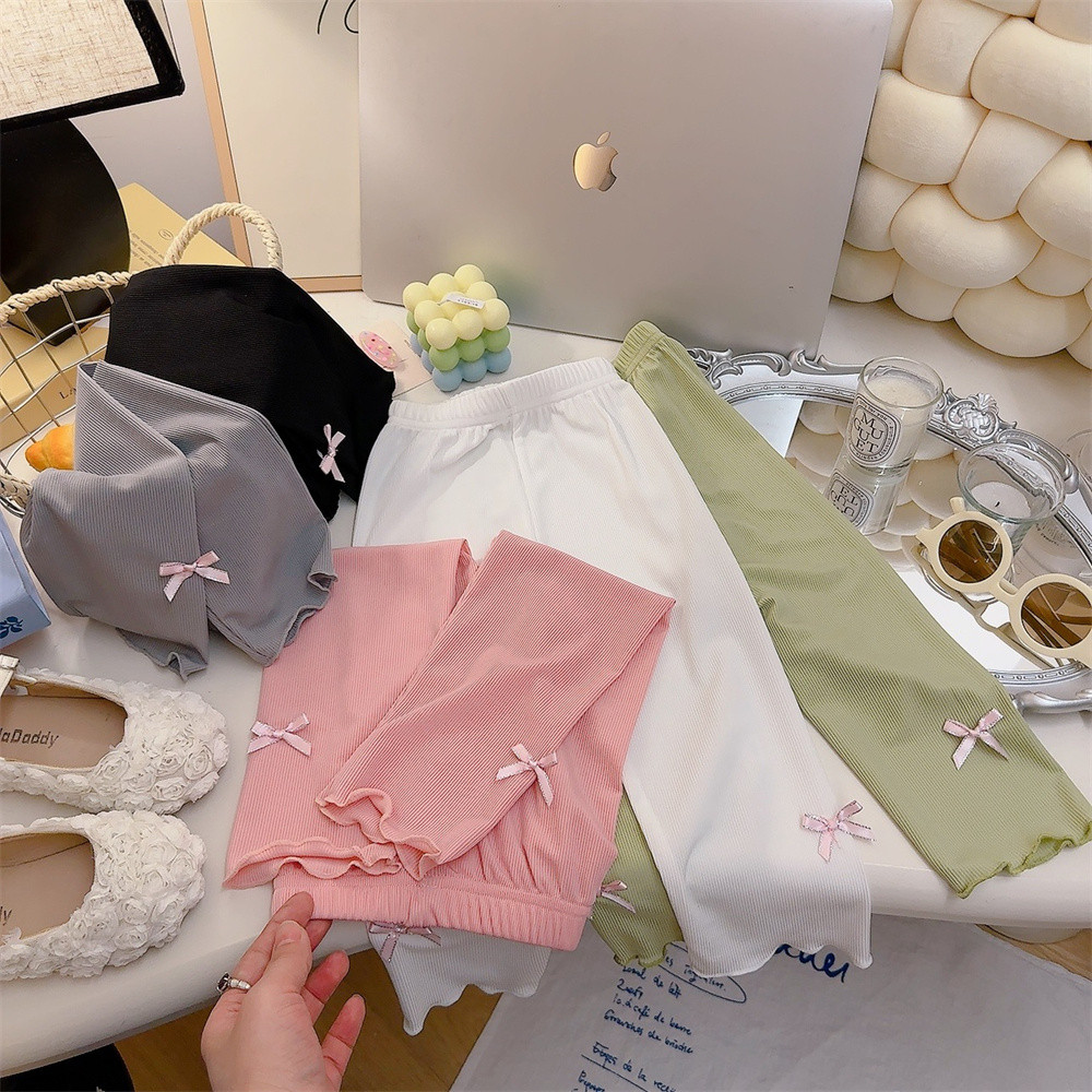 กางเกงลำลองสำหรับเด็กผู้หญิงสไตล์เกาหลีใหม่สำหรับฤดูร้อน ตกแต่งด้วยโบว์: ทรงขาตรงเข้ารูป สีพื้น - รูปที่ 7