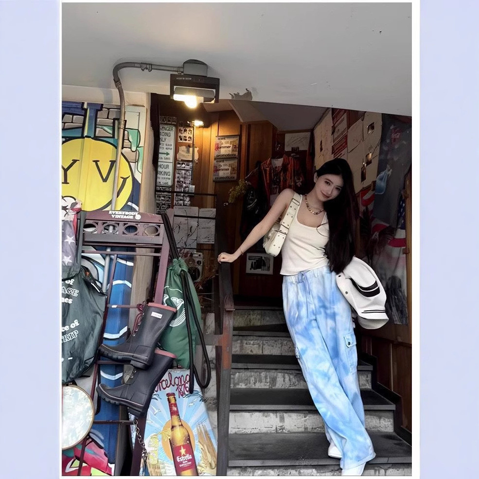 [SR-STUDIO] WJ41 กางเกงโอเวอร์อลลายทายดายแบบกว้าง สไตล์เกาหลีสำหรับผู้ชายและผู้หญิง