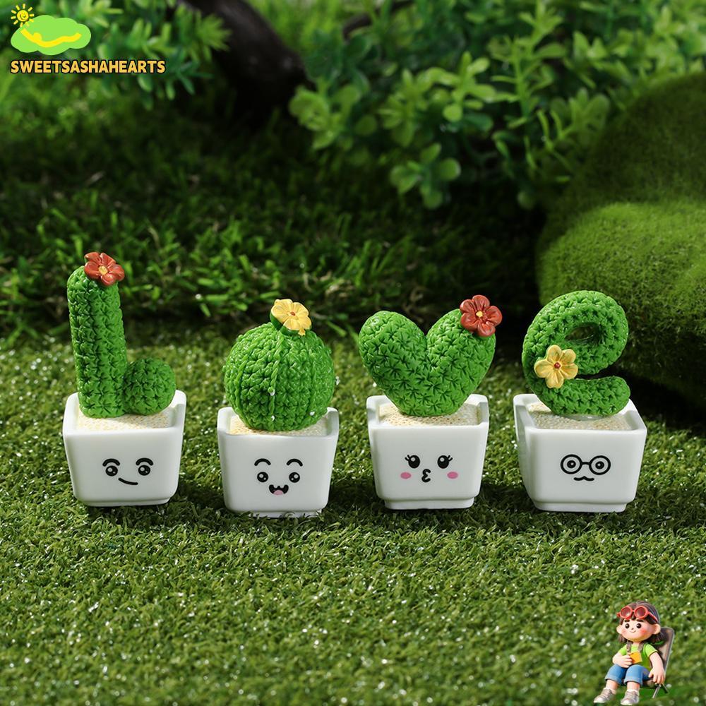 SWEE 1/4 ชิ้นกระบองเพชรดอกไม้ Figurines ตกแต่งรถเรซิ่น Mini ประติมากรรม Fairy Garden ตุ๊กตาอุปกรณ์ Micro เครื่องประดับ