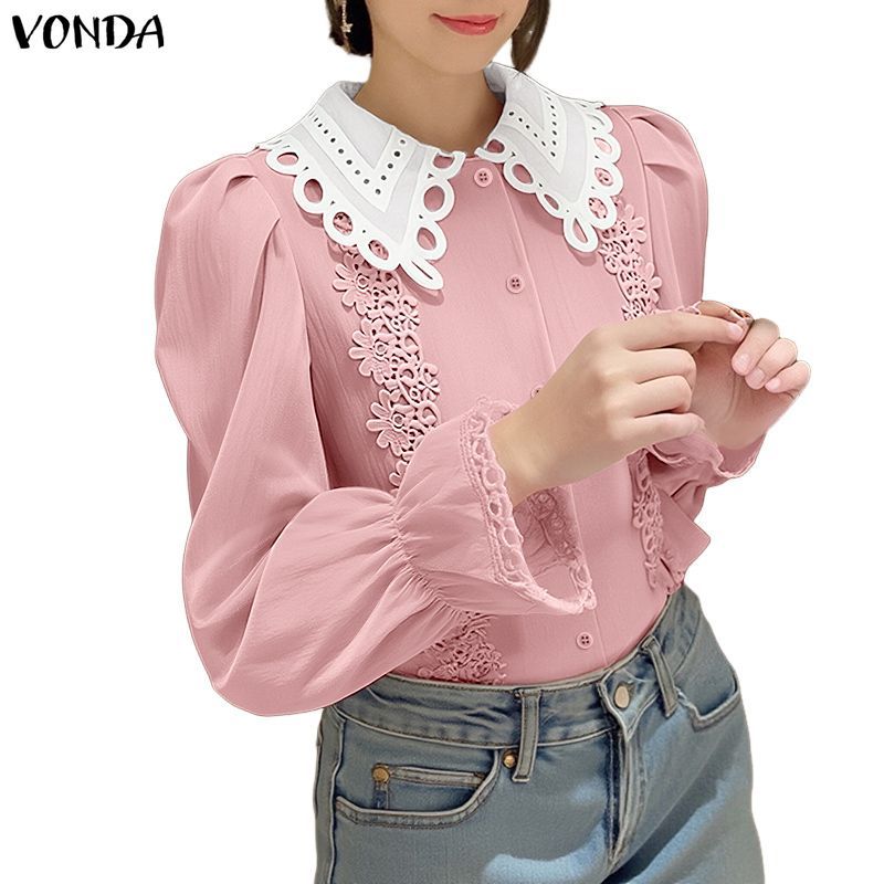 VONDA เสื้อผ้าแฟชั่นสำหรับผู้หญิง สไตล์เกาหลี แขนบาน มีระบายและปักลายลูกไม้ พร้อมปุ่ม
