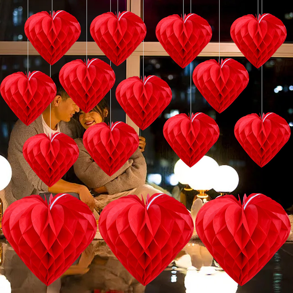 1/3/5ชิ้นวันวาเลนไทน์ตกแต่งงานแต่งงานรูปหัวใจลูกรังผึ้ง,สีแดงกระดาษเพดานตกแต่งผนังสําหรับงานเลี้ยงโรแมนติกฉลอง